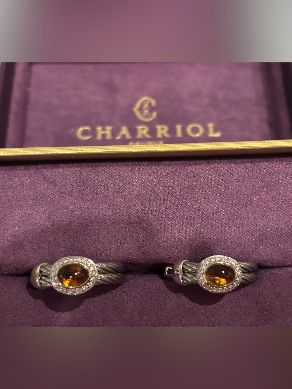 Charriol Silver Cable Earrings with Amber Stones & diamonds
